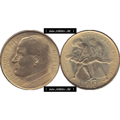 Alte Münze aus der Vatikanstadt / Vatikan als PNG-Grafik 1981-1981, 200 Lire Papst Johannes Paul II 1981-01. Vorderseite und Rückseite horizontal auf einen digitalen Bild der... Sammlung