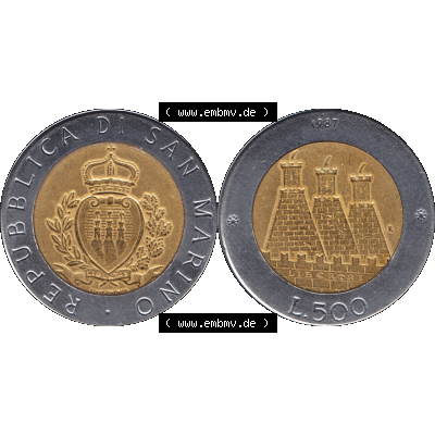 Gedenkmünzen aus San Marino, in PNG 1987-1987, 500 Lire 15. Jahrestag - Wiederaufnahme der Münzenprägung 1987-01. Vorderseite und Rückseite horizontal auf... Sammlung