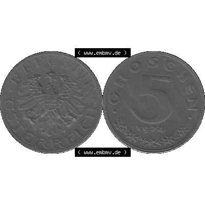 Alte Münze aus KMS Österreich, Kursmünzensatz 1974 in PP 1948-1994, 5 Groschen 1974-01. Vorderseite und Rückseite vertikal auf einen digitalen Graustufen Bild der... Sammlung