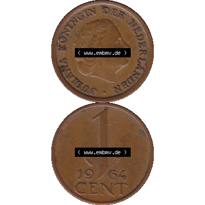 Alte Münze der Niederlande 1951-1975, in PNG digitalisiert 1950-1980, 1 Cent Königin Juliana 1964-01. Vorderseite und Rückseite vertikal auf einen digitalen Bild der alten... Sammlung
