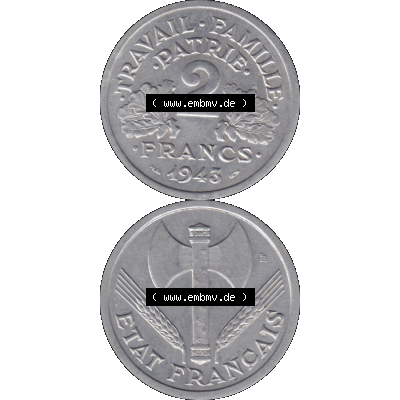 Münzen Frankreich Umlaufmünze in PNG einer Münze aus Frankreich 1943-1944, 2 Francs, Franken 1943-01. Vorderseite und Rückseite vertikal auf einen digitalen Bild... Sammlung