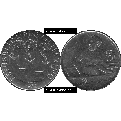 Bildmaterial Münzensatz / KMS 1972 aus San Marino in Graustufen 1972-1972, 100 Lire von 1972, 100 LIRE MONASSI REPUBBLICA DI SAN MARINO Graustufen. PNG Computer-Grafik in Graustufen... Sammlung