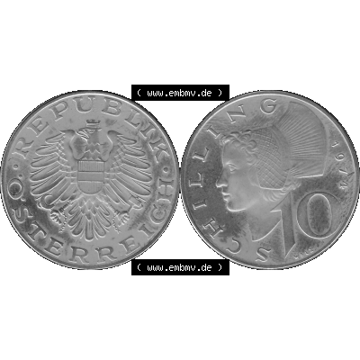 Alte Münze aus KMS Österreich, Kursmünzensatz 1974 in PP 1974-2001, 10 Schilling 1974-01. Vorderseite und Rückseite vertikal auf einen digitalen Graustufen Bild der... Sammlung