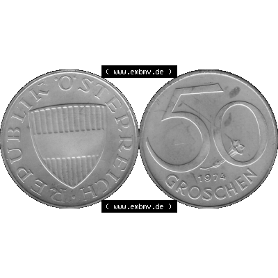 Alte Münze aus KMS Österreich, Kursmünzensatz 1974 in PP 1959-2001, 50 Groschen 1974-01. Vorderseite und Rückseite vertikal auf einen digitalen Graustufen Bild der... Sammlung