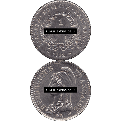 Münzen Frankreich Umlaufmünze 1992-1992, 1 Francs Liberty Freiheitsgöttin 1992-01. Vorderseite und Rückseite vertikal auf einen digitalen Bild der alten französischen... Sammlung