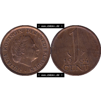 Alte Münze der Niederlande 1951-1975, in PNG digitalisiert 1950-1980, 1 Cent Königin Juliana 1964-02. Vorderseite und Rückseite horizontal auf einen digitalen Bild der... Sammlung
