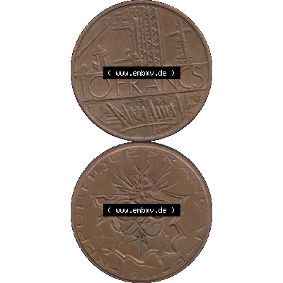 Münzen Frankreich Umlaufmünze 1974-1987, 10 Franken-Francs 1984-01. Vorderseite und Rückseite vertikal auf einen digitalen Bild der alten französischen Umlaufmünze... Sammlung