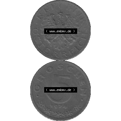Alte Münze aus KMS Österreich, Kursmünzensatz 1974 in PP 1948-1994, 5 Groschen 1974-01. Vorderseite und Rückseite in Graustufen vertikal auf einen digitalen Bild... Sammlung
