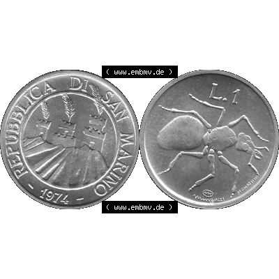 Bildmaterial Münzensatz / KMS 1974 aus San Marino in Graustufen 1974-1974, 1 Lire, 1 Lira, L.1 MINGUZZI MONASSI INC. Graustufen. PNG Computer-Grafik in Graustufen... Sammlung