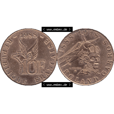 Münzen Frankreich Umlaufmünze 1988-1988, 10 Francs Roland Garros-01 1988-01. Vorderseite und Rückseite horizontal auf einen digitalen Bild der alten französischen Umlaufmünze... Sammlung