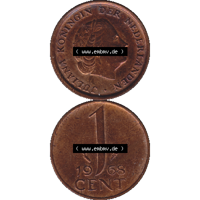 Alte Münze der Niederlande 1951-1975, in PNG digitalisiert 1950-1980, 1 Cent Königin Juliana 1968-01. Vorderseite und Rückseite vertikal auf einen digitalen Bild der alten... Sammlung