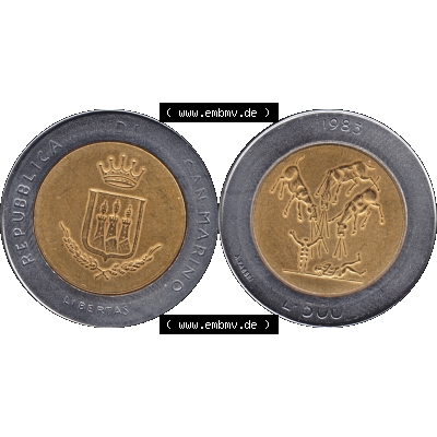 Gedenkmünzen aus San Marino, in PNG 1983-1983, 500 Lire Bedrohung durch einen Atomkrieg 1983-01. Vorderseite und Rückseite horizontal auf einen digitalen Bild der alten Gedenkmünze... Sammlung