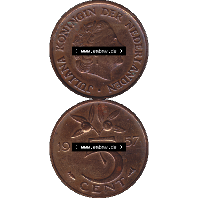 Alte Münze der Niederlande 1951-1975, in PNG digitalisiert 1950-1980, 5 Cent Königin Juliana 1957-01. Vorderseite und Rückseite vertikal auf einen digitalen Bild der alten... Sammlung