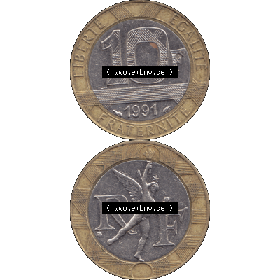 Münzen Frankreich Umlaufmünze 1991-1991, 10 Francs-01 1991-01. Vorderseite und Rückseite vertikal auf einen digitalen Bild der alten französischen Umlaufmünze aus... Sammlung