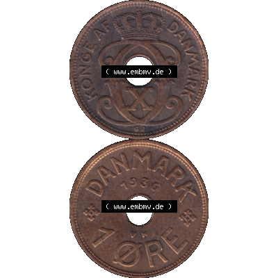 Alte Münze aus Dänemark als PNG-Grafik 1926-1940, 1 Öre 1936-01 Kursmünze. Vorderseite und Rückseite vertikal auf einen digitalen Bild der alten dänischen Umlaufmünze... Sammlung