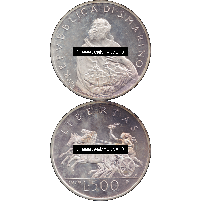 Bildmaterial Münzensatz / KMS 1979 aus San Marino im PNG-Format 1979-1979, 500 Lire, Silbermünze J.P. REPVBBLICA DI SAN MARINO, 1979 J.P. L.500... Sammlung