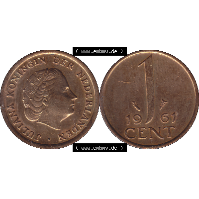 Alte Münze der Niederlande 1951-1975, in PNG digitalisiert 1950-1980, 1 Cent Königin Juliana 1961-02. Vorderseite und Rückseite horizontal auf einen digitalen Bild der... Sammlung