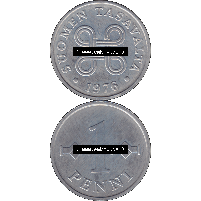 Alte Münzen KMS Finnland, Kursmünzensatz 1976 in Stempelglanz als digitales Computerbild in transparenten PNG 1969-1979, 1 Penny, Penni 1976-1, SUOMEN TASAVALTA.... Sammlung