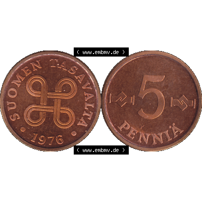 Alte Münzen KMS Finnland, Kursmünzensatz 1976 in Stempelglanz als digitales Computerbild in transparenten PNG 1963-1977, 5 Penny Penniä 1976-1, SUOMEN TASAVALTA.... Sammlung