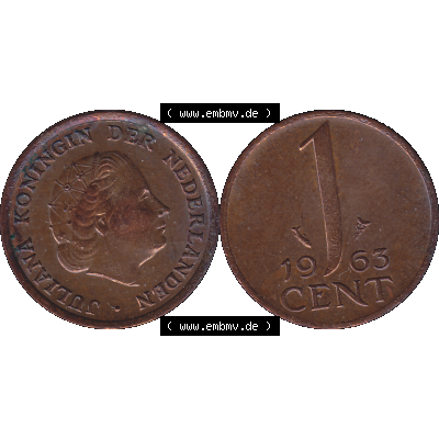 Alte Münze der Niederlande 1951-1975, in PNG digitalisiert 1950-1980, 1 Cent Königin Juliana 1963-01. Vorderseite und Rückseite horizontal auf einen digitalen Bild der... Sammlung
