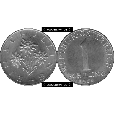 Alte Münze aus KMS Österreich, Kursmünzensatz 1974 in PP 1959-2001, 1 Schilling 1974-01. Vorderseite und Rückseite vertikal auf einen digitalen Graustufen Bild der... Sammlung