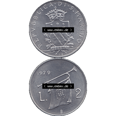 Bildmaterial Münzensatz / KMS 1979 aus San Marino im PNG-Format 1979-1979, 2 Lire, J. V. LIBERTAS REPVBBLICA DI S. MARINO, 1979 L.2. Vorderseite... Sammlung