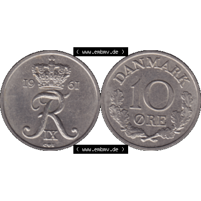 Alte Münze aus Dänemark als PNG-Grafik 1960-1972, 10 Öre 1961-01. Vorderseite und Rückseite horizontal auf einen digitalen Bild der alten dänischen Umlaufmünze... Sammlung