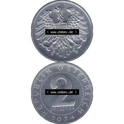 Alte Münze aus KMS Österreich, Kursmünzensatz 1974 in PP 1950-1994, 2 Groschen 1974-01. Vorderseite und Rückseite vertikal auf einen digitalen Bild der alten österreichischen... Sammlung