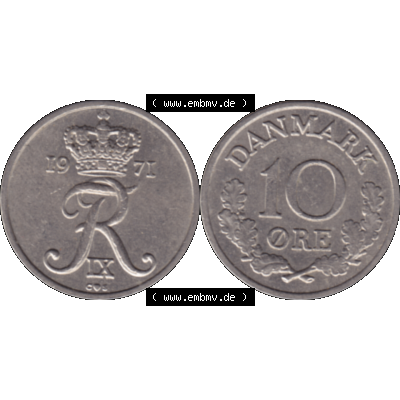 Alte Münze aus Dänemark als PNG-Grafik 1960-1972, 10 Öre 1971-01. Vorderseite und Rückseite horizontal auf einen digitalen Bild der alten dänischen Umlaufmünze... Sammlung