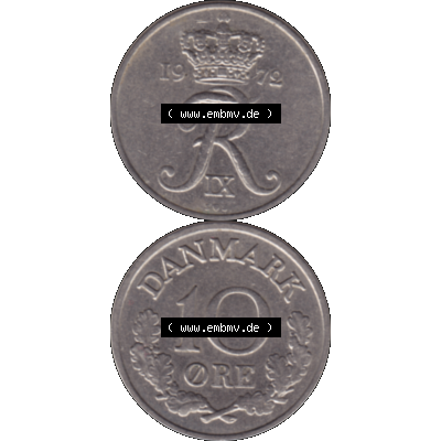Alte Münze aus Dänemark als PNG-Grafik 1960-1972, 10 Öre 1972-01. Vorderseite und Rückseite vertikal auf einen digitalen Bild der alten dänischen Umlaufmünze... Sammlung