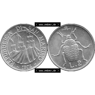 Bildmaterial Münzensatz / KMS 1974 aus San Marino in Graustufen 1974-1974, 2 Lire, L.2 MINGUZZI MONASSI INC. Graustufen. PNG Computer-Grafik in Graustufen einer... Sammlung