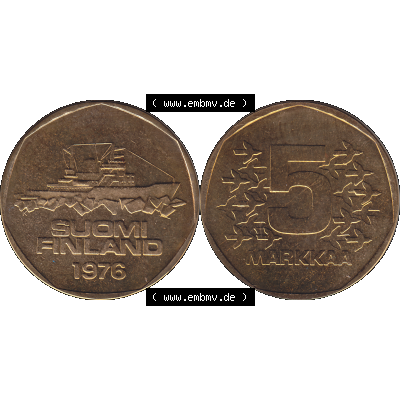 Alte Münzen KMS Finnland, Kursmünzensatz 1976 in Stempelglanz als digitales Computerbild in transparenten PNG 1972-1978, 5 Finnische Mark, Markkaa 1976-1, SUOMI FINLAND.... Sammlung