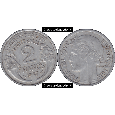 Münzen Frankreich Umlaufmünze in PNG einer Münze aus Frankreich 1941-1959, 2 Francs, Franken 1947-01. Vorderseite und Rückseite horizontal auf einen digitalen Bild... Sammlung