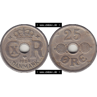Alte Münze aus Dänemark als PNG-Grafik 1924-1947, 25 Öre 1924-01 Kursmünze. Vorderseite und Rückseite horizontal auf einen digitalen Bild der alten dänischen... Sammlung