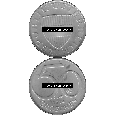 Alte Münze aus KMS Österreich, Kursmünzensatz 1974 in PP 1959-2001, 50 Groschen 1974-01. Vorderseite und Rückseite in Graustufen vertikal auf einen digitalen Bild... Sammlung