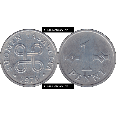 Alte Münzen KMS Finnland, Kursmünzensatz 1976 in Stempelglanz als digitales Computerbild in transparenten PNG 1969-1979, 1 Penny, Penni 1976-1, SUOMEN TASAVALTA.... Sammlung