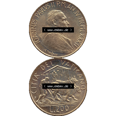 Alte Münze aus der Vatikanstadt / Vatikan als PNG-Grafik Münze Vatikanstadt 1982-1982, 200 Lire, E. MANFRINI IOANNES PAVLVS II P M 1982-01. Vorderseite und Rückseite... Sammlung