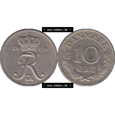 Alte Münze aus Dänemark als PNG-Grafik 1960-1972, 10 Öre 1969-01. Vorderseite und Rückseite horizontal auf einen digitalen Bild der alten dänischen Umlaufmünze... Sammlung