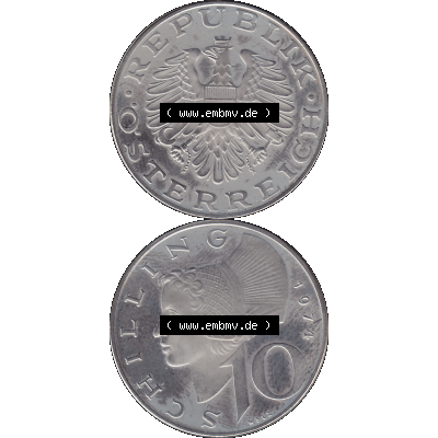 Alte Münze aus KMS Österreich, Kursmünzensatz 1974 in PP 1974-2001, 10 Schilling 1974-01. Vorderseite und Rückseite vertikal auf einen digitalen Bild der alten österreichischen... Sammlung