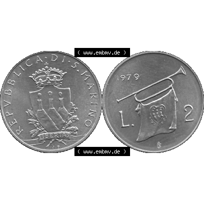 Bildmaterial Münzensatz / KMS 1979 aus San Marino in Graustufen 1979-1979, 2 Lire, J. V. LIBERTAS REPVBBLICA DI S. MARINO, 1979 L.2 Graustufen.... Sammlung