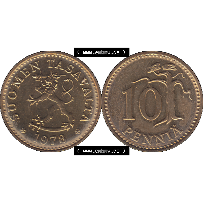 Alte Münzen KMS Finnland, Kursmünzensatz 1978 in Stempelglanz als digitales Computerbild einer finnischen digitalisierten Münze in transparenten PNG 1963-1982, 10 Penny,... Sammlung