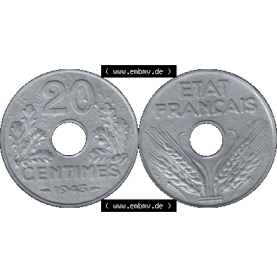Münzen Frankreich Umlaufmünze in PNG einer Münze aus Frankreich 1941-1944, 20 Centimes, Cent 1943-01. Vorderseite und Rückseite horizontal auf einen digitalen Bild... Sammlung