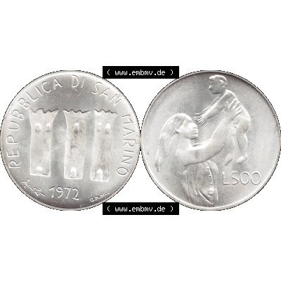 Bildmaterial in PNG-Grafiken Münzensatz / KMS 1972 aus San Marino 1972-1972, Münze 500 Lire 1972 L. 500 REPUBBLICA DI SAN MARINO, Silbermünze. Die digitalisierte... Sammlung