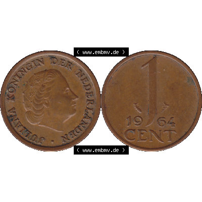 Alte Münze der Niederlande 1951-1975, in PNG digitalisiert 1950-1980, 1 Cent Königin Juliana 1964-01. Vorderseite und Rückseite horizontal auf einen digitalen Bild der... Sammlung