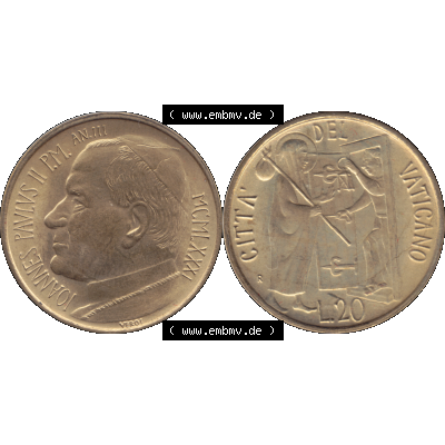 Alte Münze aus der Vatikanstadt / Vatikan als PNG-Grafik 1981-1981, 20 Lire Papst Johannes Paul II 1981-01. Vorderseite und Rückseite horizontal auf einen digitalen Bild der... Sammlung