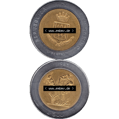 Gedenkmünzen aus San Marino, in PNG 1983-1983, 500 Lire Bedrohung durch einen Atomkrieg 1983-01. Vorderseite und Rückseite vertikal auf einen digitalen Bild der alten Gedenkmünze... Sammlung