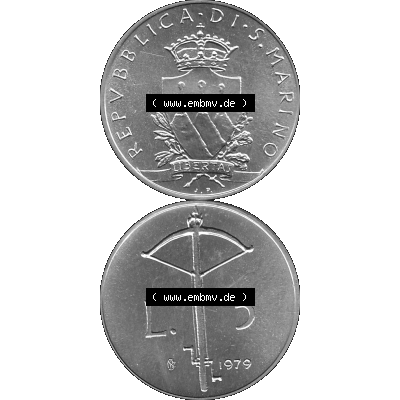 Bildmaterial Münzensatz / KMS 1979 aus San Marino in Graustufen 1979-1979, 5 Lire, LIBERTAS REPVBBLICA DI S. MARINO, 1979 L.5 Graustufen. PNG Computer-Grafik... Sammlung