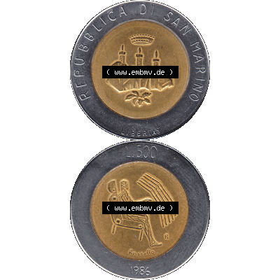 Gedenkmünzen aus San Marino, in PNG 1986-1986, 500 Lire Revolution der Technologie 1986-01. Vorderseite und Rückseite vertikal auf einen digitalen Bild der alten Gedenkmünze... Sammlung