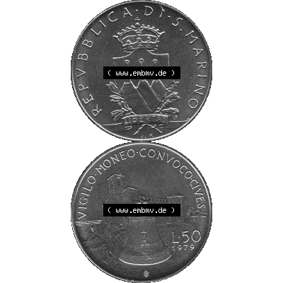 Bildmaterial Münzensatz / KMS 1979 aus San Marino in Graustufen 1979-1979, 50 Lire, J.P. LIBERTAS REPVBBLICA DI S. MARINO, L.50 VIGILO MONEO CONVOCO... Sammlung