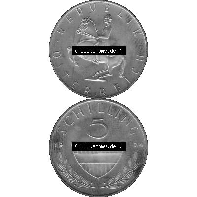 Alte Münze aus KMS Österreich, Kursmünzensatz 1974 in PP 1968-2001, 5 Schilling 1974-01. Vorderseite und Rückseite in Graustufen vertikal auf einen digitalen Bild... Sammlung